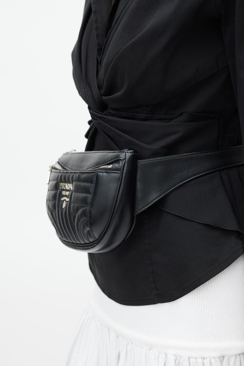 Prada Black 
Silver Leather Diagramme Quilted Belt Bag