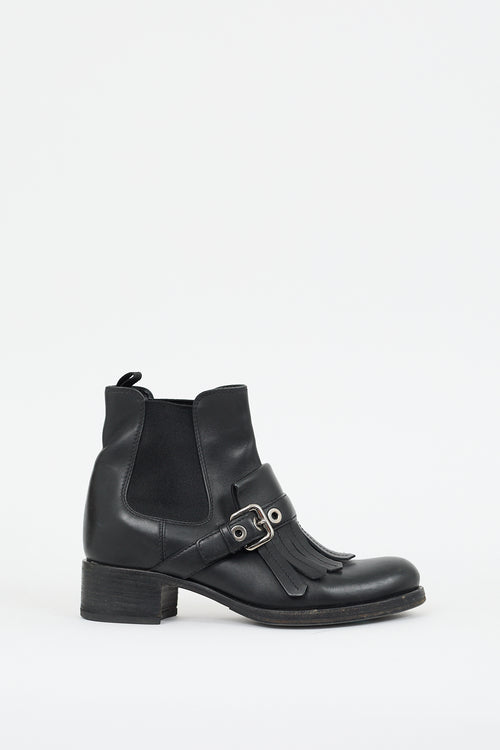 Prada Black Leather Kiltie Fringe Chelsea Ankle Boot