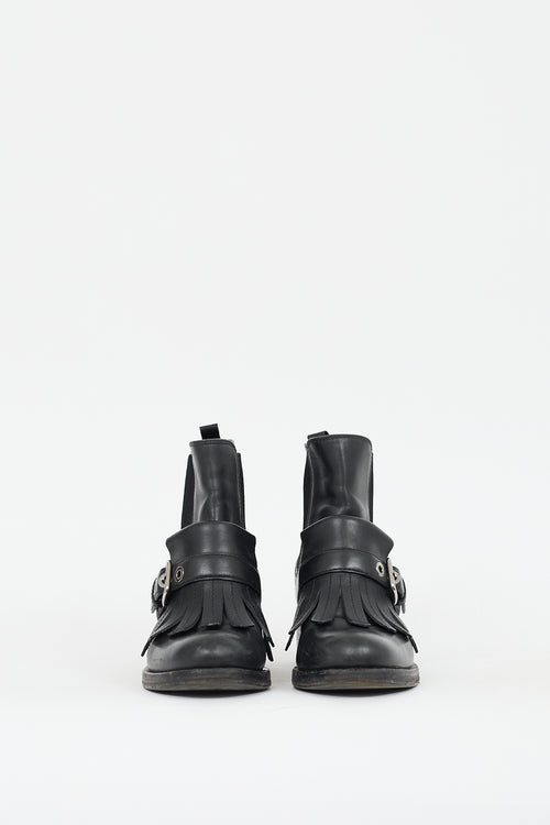 Prada Black Leather Kiltie Fringe Chelsea Ankle Boot