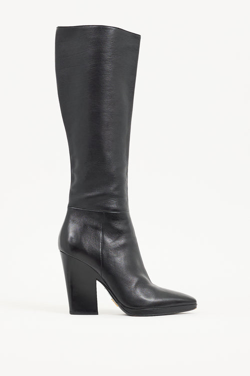 Prada Black Leather Knee High Pointed Toe Boot