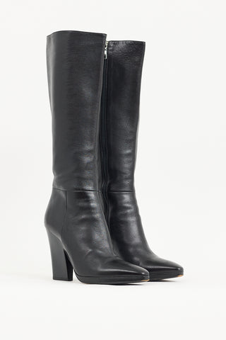 Prada Black Leather Knee High Pointed Toe Boot