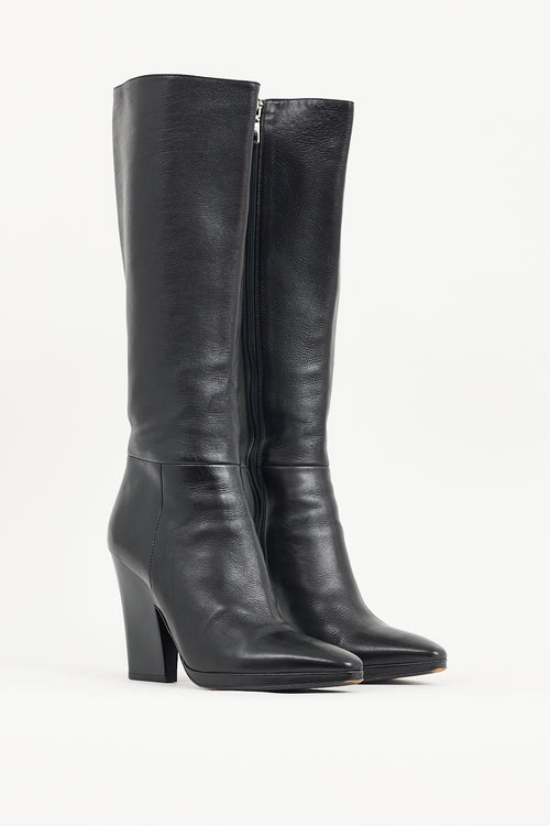 Prada Black Leather Knee High Pointed Toe Boot