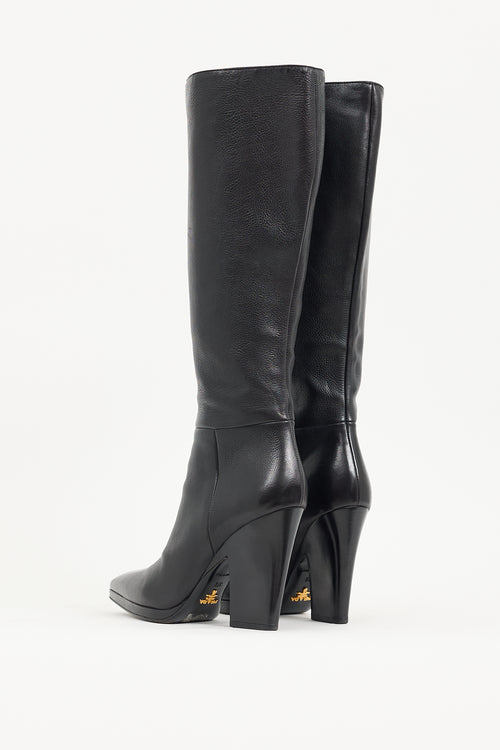 Prada Black Leather Knee High Pointed Toe Boot