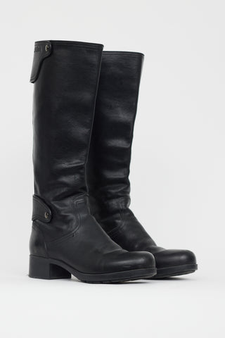 Prada Black Leather Logo Flap Boot