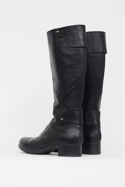 Prada Black Leather Logo Flap Boot