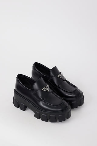 Prada Black Leather Logo Monolith Platform Loafer