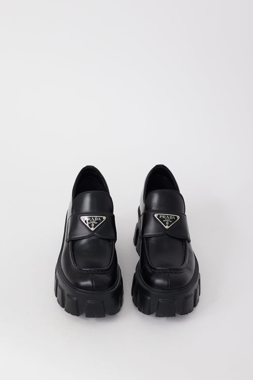 Prada Black Leather Logo Monolith Platform Loafer