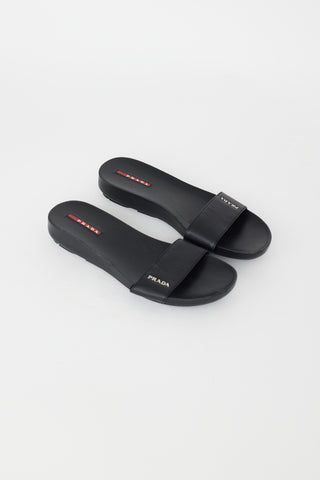 Prada Black Leather Logo Slide