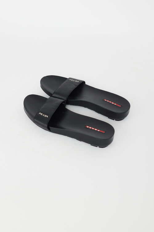 Prada Black Leather Logo Slide