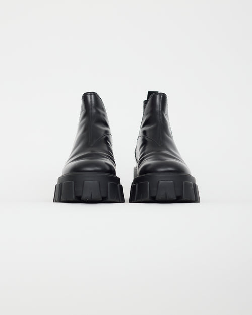 Prada Black Leather Lug Sole Ankle Boot