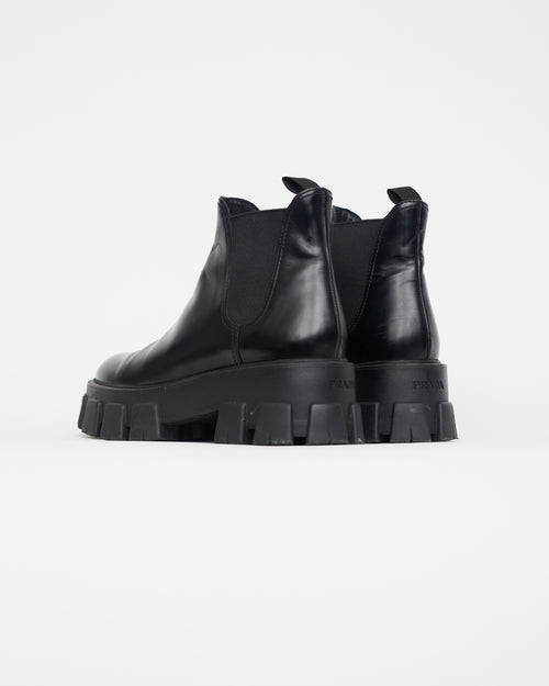 Prada Black Leather Lug Sole Ankle Boot