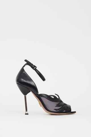 Prada Black Leather 
Mesh Flame Heel