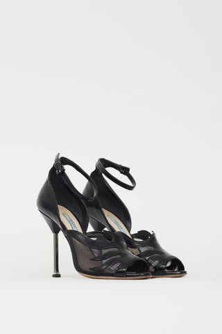 Prada Black Leather 
Mesh Flame Heel