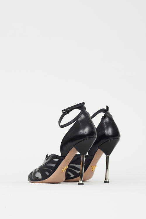 Prada Black Leather 
Mesh Flame Heel