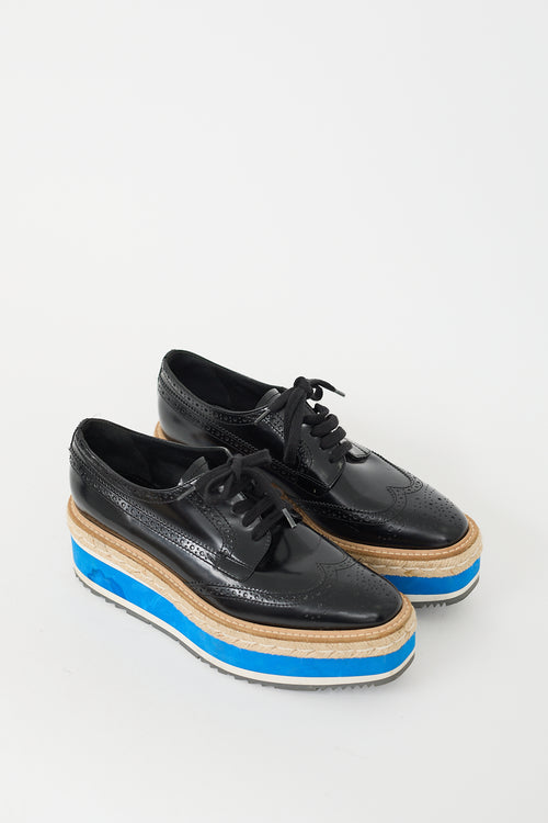 Prada Black 
Blue Leather Espadrille Platform Brogue