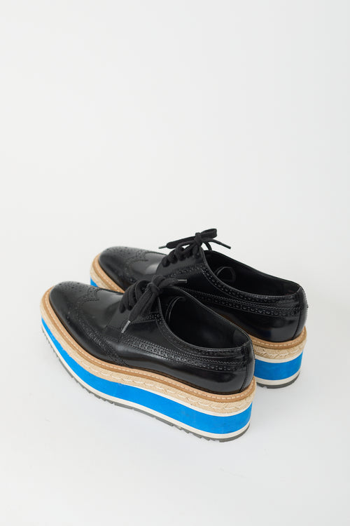 Prada Black 
Blue Leather Espadrille Platform Brogue