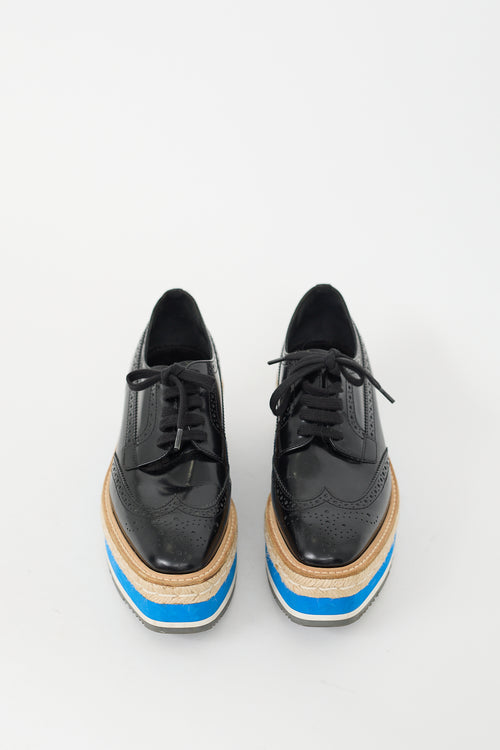 Prada Black 
Blue Leather Espadrille Platform Brogue