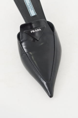 Prada Black Leather Pointed Toe Logo Mule