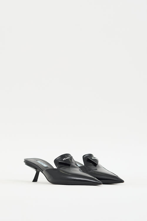 Prada Black Leather Pointed Toe Logo Mule