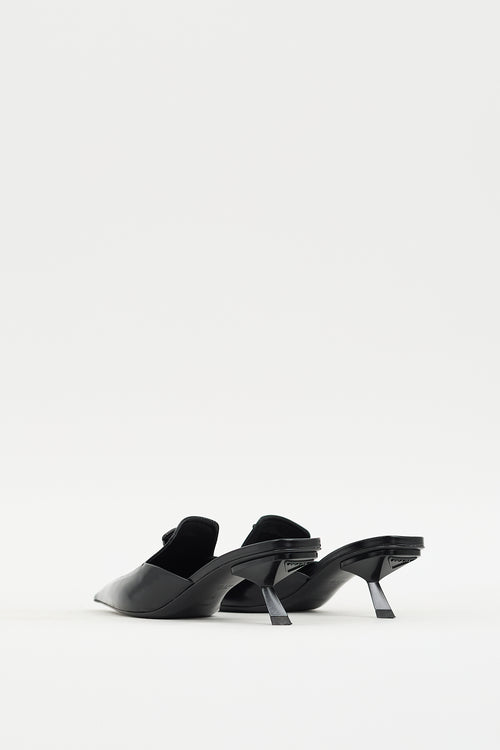 Prada Black Leather Pointed Toe Logo Mule