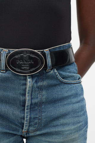 Prada Black Leather Savoia Buckle Belt