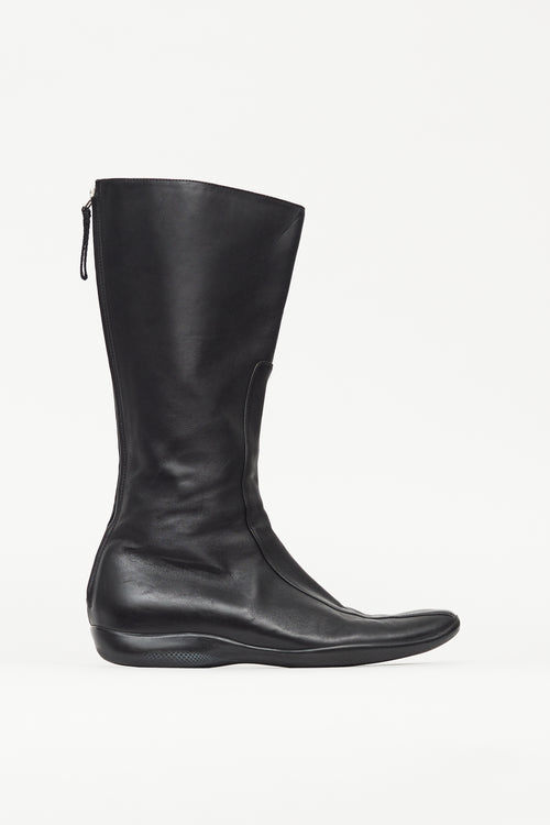 Prada Black Leather Square Toe Calf High Boot