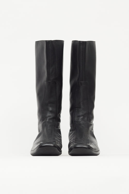 Prada Black Leather Square Toe Calf High Boot