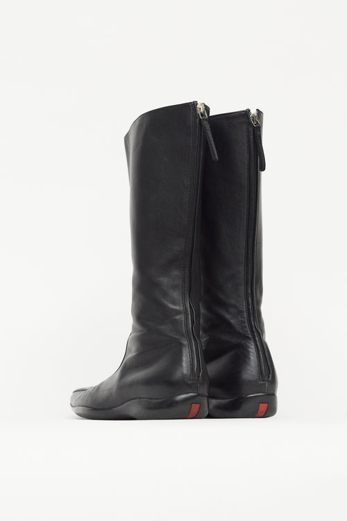 Prada Black Leather Square Toe Calf High Boot