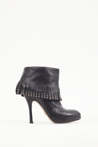 Prada Black Leather Studded Fringe Boot