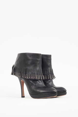 Prada Black Leather Studded Fringe Boot