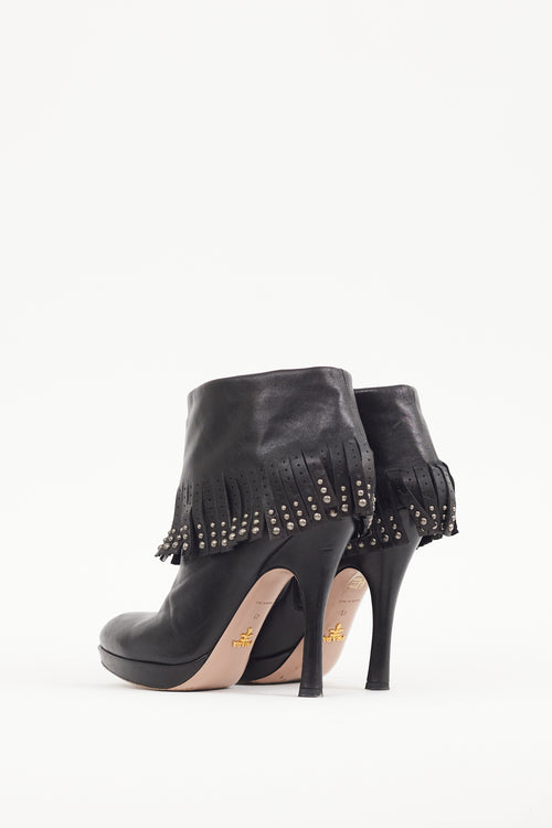 Prada Black Leather Studded Fringe Boot