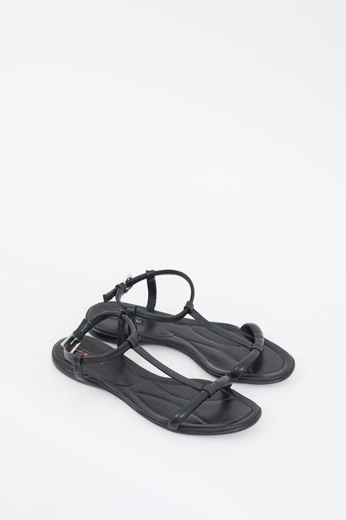 Prada Black Leather T-Strap Sandal