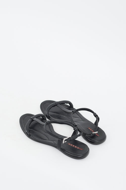 Prada Black Leather T-Strap Sandal