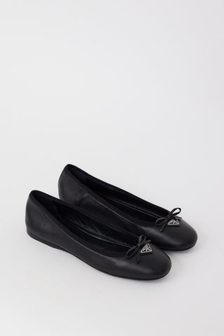 Prada Black Leather Triangle Logo Bow Flat