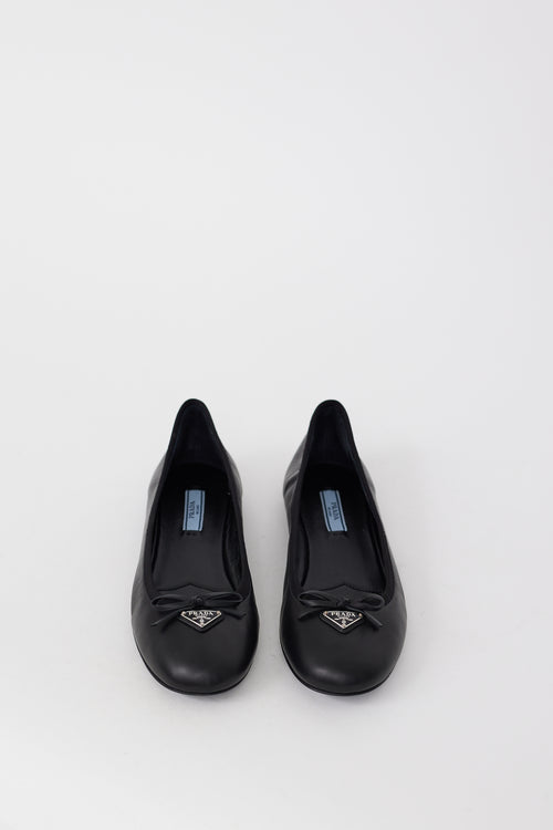 Prada Black Leather Triangle Logo Bow Flat