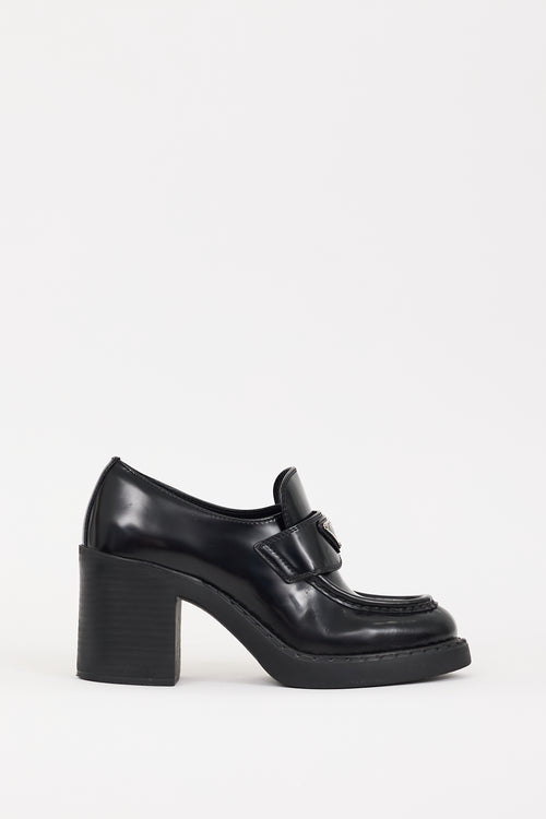 Prada Black Leather Triangle Logo Heeled Loafer