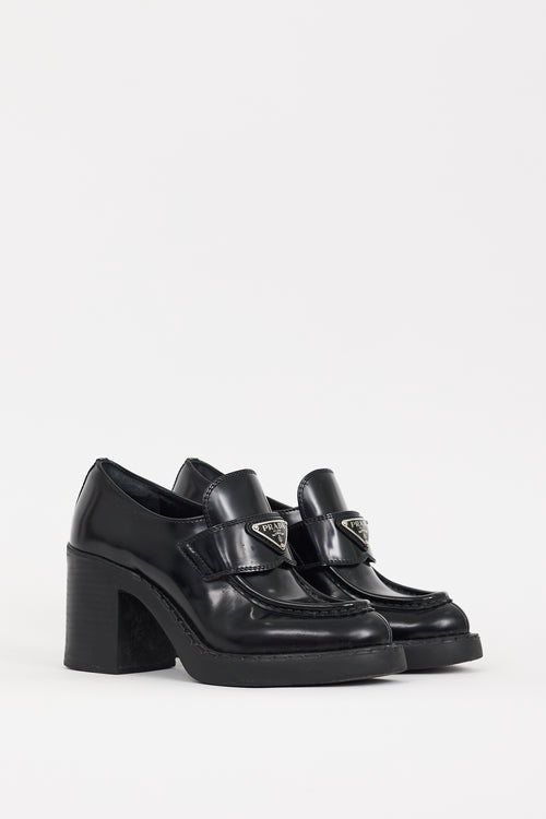 Prada Black Leather Triangle Logo Heeled Loafer