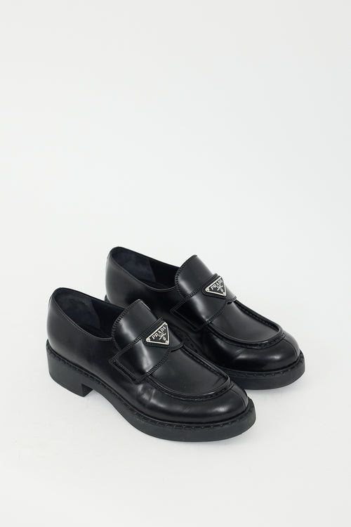 Prada Black Leather Triangle Logo Loafer