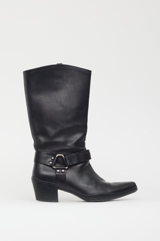 Prada Black Leather Velcro Strap Harness Boot