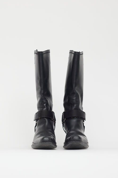 Prada Black Leather Velcro Strap Harness Boot