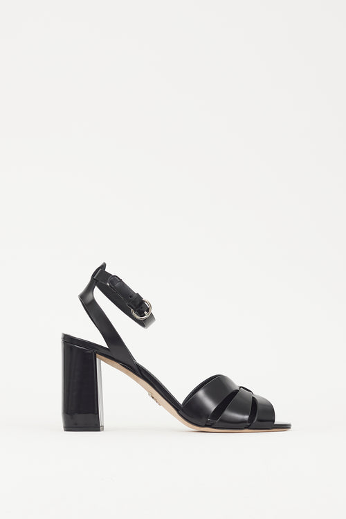 Prada Black Leather Woven Strap Block Heel