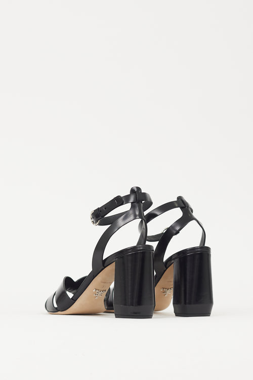 Prada Black Leather Woven Strap Block Heel