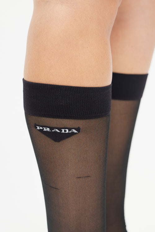 Prada Black Mesh Knee High Logo Sock