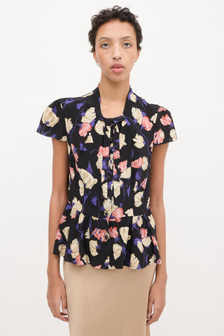 Prada Black 
Multi Silk Floral Frill Blouse