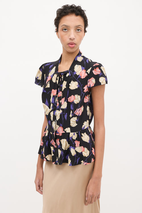 Prada Black 
Multi Silk Floral Frill Blouse