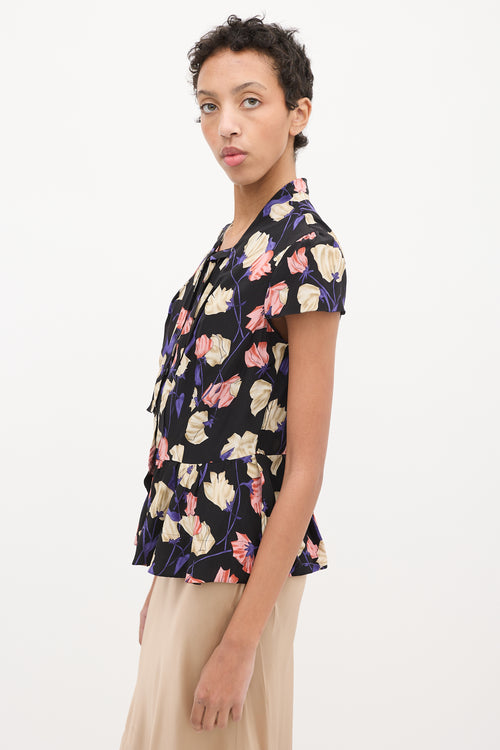 Prada Black 
Multi Silk Floral Frill Blouse