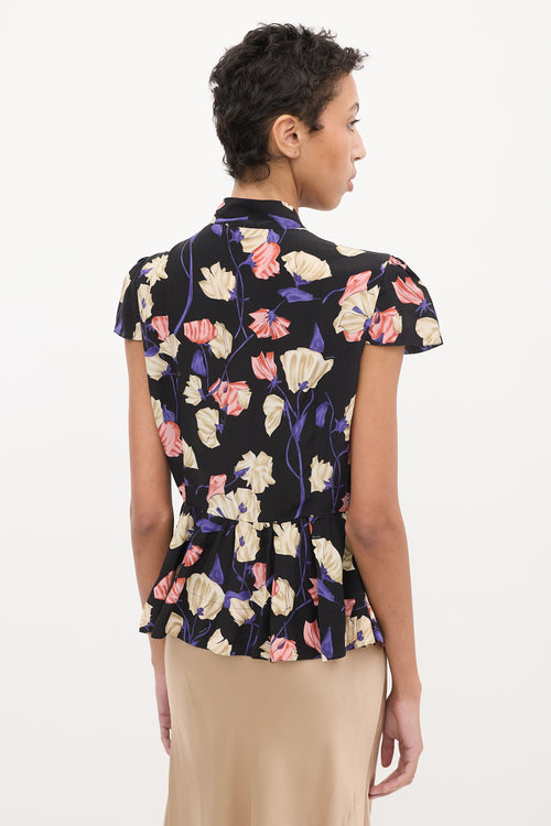 Prada Black 
Multi Silk Floral Frill Blouse