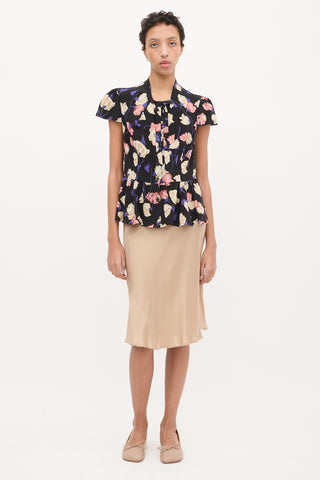 Prada Black 
Multi Silk Floral Frill Blouse