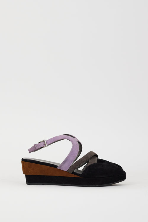 Prada Black 
Multi Suede Wedge Heel