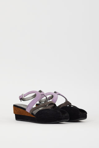 Prada Black 
Multi Suede Wedge Heel